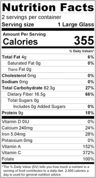 Nutrition Facts - Mango Orange and Ginger